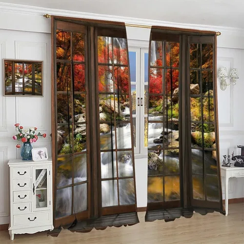 Vista 290 de Cortinas de paisaje, ventana 3D, primavera, bosque, vida silvestre, paisajes de naturaleza, dormitorio, sala de estar, cortinas térmicas opacas de 2
