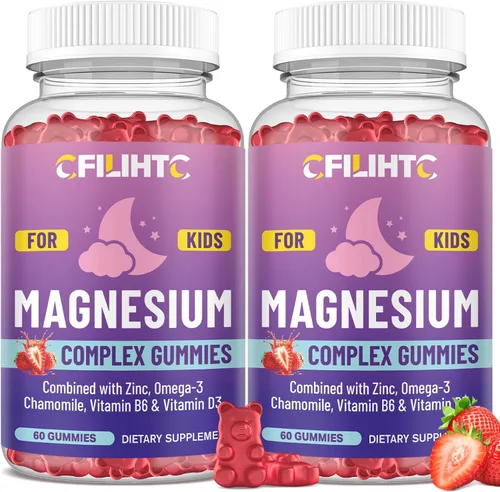 Vista 9 de Gomitas de magnesio y glicinato de magnesio para niños, suplemento con zinc, manzanilla, omega-3, vitamina B6, D3, para dormir, relajación, cerebro