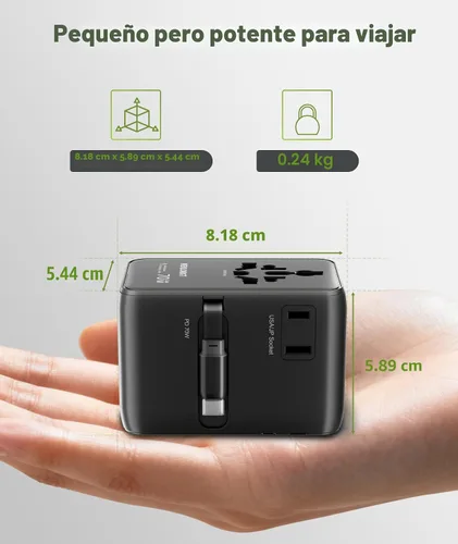 Vista 6 de Adaptador de viaje universal GaN de 70 W con cable USB-C retráctil, cargador de pared rápido para MacBook Pro/Air, portátiles, enchufe internacional