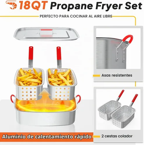 Vista 4 de Freidora de propano de 18 cuartos Freidora de pescado para exteriores con 2 cestas, pinzas, tapa, tapa y termómetro Freidora de aluminio