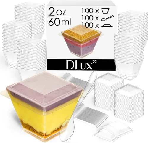 Vista 2 de DLux 100 x 2oz Tazas Cuadradas Mini de Postre con Cucharas y Tapas, Taza de Plástico Transparente para Aperitivos Parfait - Pequeño Cuenco