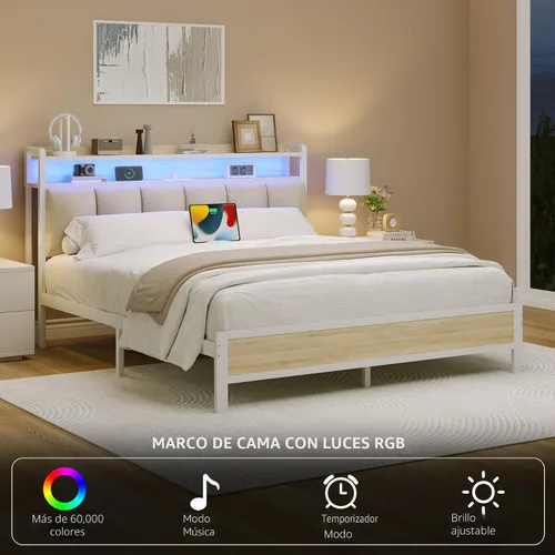 Vista 4 de IMMERSTABLE Base de cama individual con luces LED y estación de carga, cabecera de almacenamiento tapizada, plataforma de metal con listones