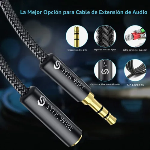 Vista 5 de Syncwire Cable de extensión de audio estéreo de 3.5 mm macho a hembra [Sonido Hi-Fi] [Conector chapado en oro] Cable de extensión AUX trenzado