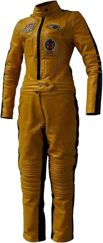 Vista 2 de Coolhides Fashion Uma Thurman Kill Bill de la mujer real traje de piel, Amarillo
