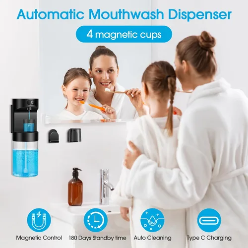 Vista 2 de Dispensador automático de enjuague bucal para baño, dispensador de enjuague bucal eléctrico sin contacto de 20.29 onzas, juego de accesorios de baño