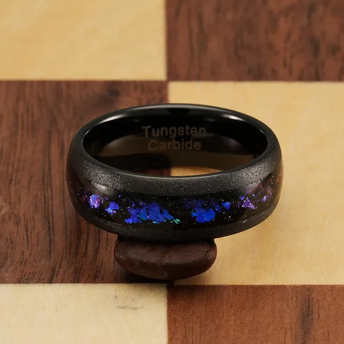Vista 4 de 100S JEWELRY Anillos de tungsteno para hombre, incrustaciones de galaxia de ópalo nebulosa de Orión, acabado cristalino arenado negro, ideal
