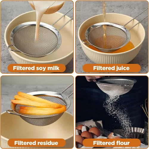 Vista 4 de 9 paquetes de colador de malla fina de acero inoxidable, colador pequeño para cóctel y té con asa para café, jugo, azúcar en polvo, 8.8 x 3.9