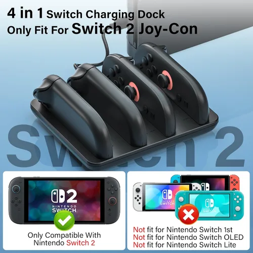 Vista 2 de Switch 2 JoyCon Cargador para Nintendo Switch 2 Joy Con - Base de carga 4 en 1 para Joy-Con 2 controladores, interruptor de carga rápida 2H 2