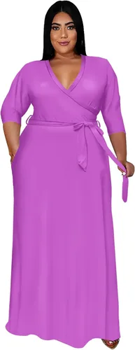 Vista 14 de Runwind Vestidos de Talla Grande para Mujeres Vestido Maxi Floral Suelto Manga 3/4 con Cinturón 01-Negro
