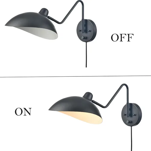 Vista 5 de Aplique de pared enchufable en negro, juego de 2 apliques de pared con brazo oscilante, interruptor de encendido/apagado cableado para recámara