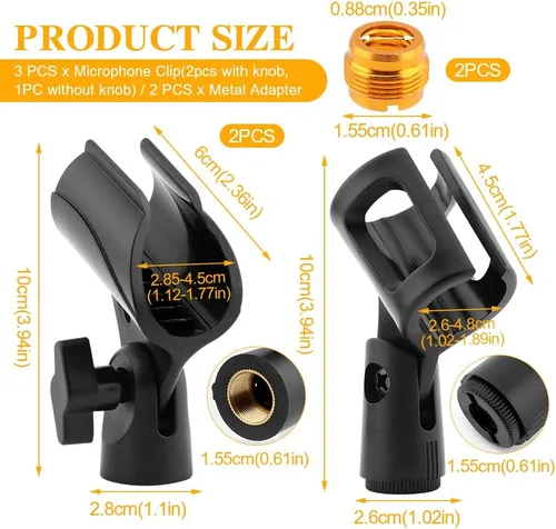 Vista 3 de Soporte universal de clip de micrófono de 3 piezas, soporte de micrófono ajustable para soporte con 2 adaptadores de tornillo macho de 5/8 pulgadas