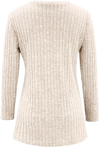 Vista 4 de Camiseta de manga larga con cuello redondo y rayas esmeriladas de color sólido para mujer, a la moda