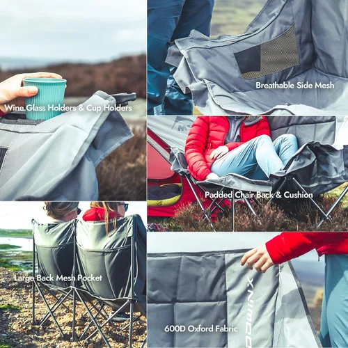 Vista 7 de Dowinx Silla de campamento doble, sofá biplaza plegable de gran tamaño con asiento acolchado, silla de césped portátil resistente de 660 libras