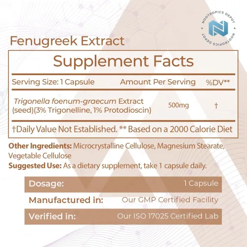 Vista 2 de Nootropics Depot Cápsulas de extracto de fenogreco 500 mg 60 ct 3% de trigonelina, 1% de protodioscina Trigonella foenum-graecum Estado