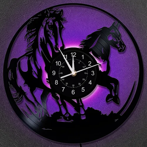 Vista 2 de Reloj de pared de caballo corriendo regulable, montaje en pared de 12 pulgadas, disco de vinilo con luces LED de caballo al galope, regalos