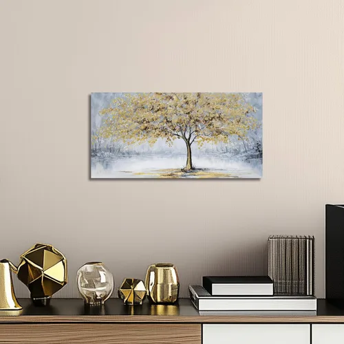 Vista 5 de Belmrxne Arte de pared de árbol de la vida, decoración de pared pequeña dorada, paisaje, lienzo, obra de arte divertida para entrada, pasillo, baño