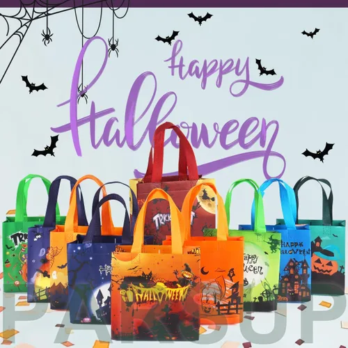 Vista 6 de PARSUP 20 bolsas de Halloween para dulce o truco, no tejidas grandes bolsas de regalo con asas para envolver regalos, suministros de fiesta, 7.9 x