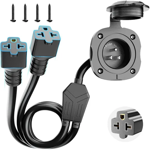 Vista 8 de BEBOBLY Enchufe de puerto de CA de 15 amperios, enchufe de entrada de alimentación de 125 V con cubierta impermeable y cable de extensión dual