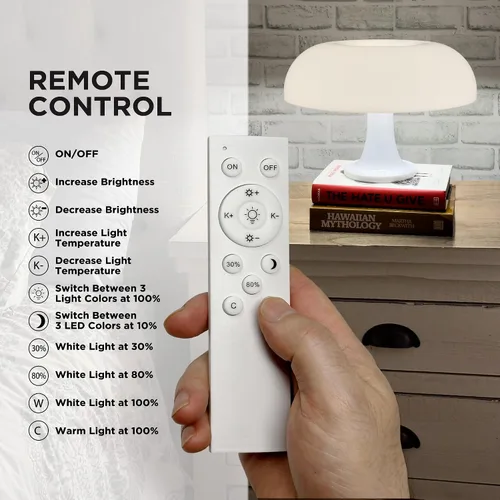 Vista 3 de Lámpara de mesa con forma de hongo blanco, lámpara de mesa retro regulable, 3 temperaturas de luz, control remoto, lámpara LED de los años 70