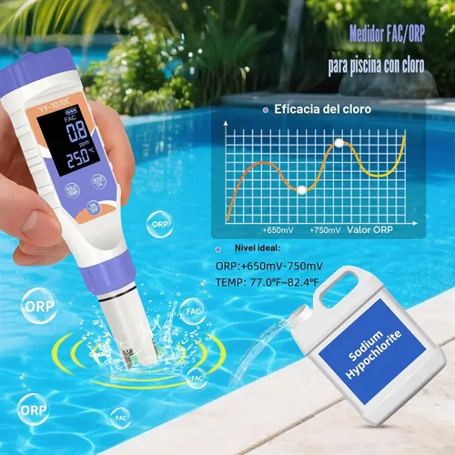 Vista 7 de Probador digital 7 en 1 de agua para piscinas: cloro, pH, sal, ORP, EC, TDS y medidor de temperatura para piscinas de agua salada, jacuzzis, spas