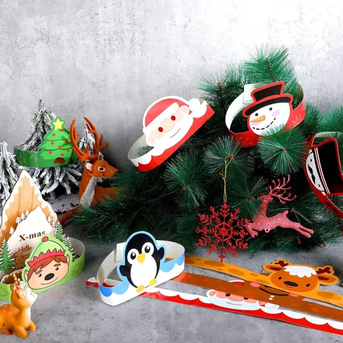 Vista 2 de Skylety 40 sombreros de fiesta de papel de Navidad para niños, ajustable, corona de papel, diadema, Papá Noel, elfo, reno, muñecos de nieve, hombre