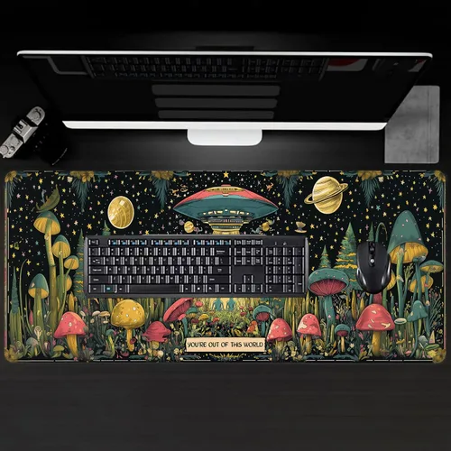 Vista 2 de Alfombrilla de escritorio grande para juegos de alienígena y ovni, alfombrilla de mouse antideslizante de goma colorida con hongos planeta estrella