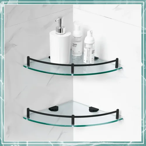 Vista 4 de Crowye 2 Piezas Estante Esquinero de Ducha de 2 Niveles Estante Esquinero de Vidrio Acero Inoxidable Montado en la Pared Organizador de Baño