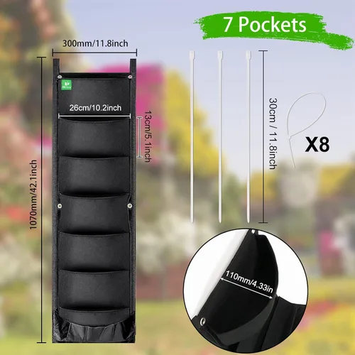 Vista 3 de Paquete de 2 macetas colgantes para plantas al aire libre, maceta vertical de pared de 7 bolsillos, maceta de balcón, maceta de barandilla