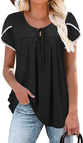 Vista 15 de BETTE BOUTIK Blusas de verano para mujer, plisadas, de manga corta, con cordón, cuello redondo, tallas S-3XL
