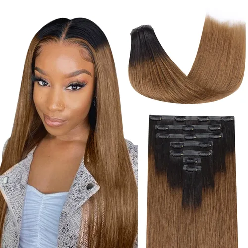 Vista 16 de Lashey Extensiones de cabello humano con clip, sin costuras, #1, color negro azabache, extensiones de cabello humano real, extensiones de cabello