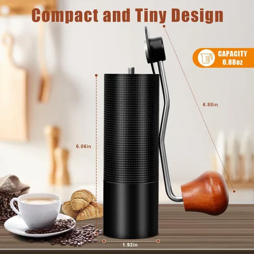Vista 2 de Molinillo de café manual de 0.88 oz, molinillo de café manual CNC de acero inoxidable con ajuste de posicionamiento de doble rodamiento, molinillo