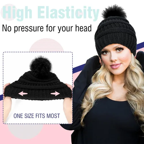 Vista 2 de Gorro Peluca Gorro de Punto con Cabello Extensiones Largas Onduladas Gorro de Punto con Pompón Incorporado Cabello Postizo Sintético Extraíble