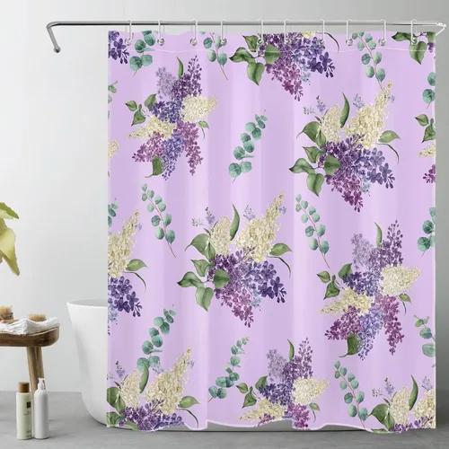 Vista 20 de EOBTAIN Cortina de ducha floral púrpura para baño, flores de acuarela y hojas de eucalipto verde sobre beige, cortina de ducha con 10 ganchos, juego