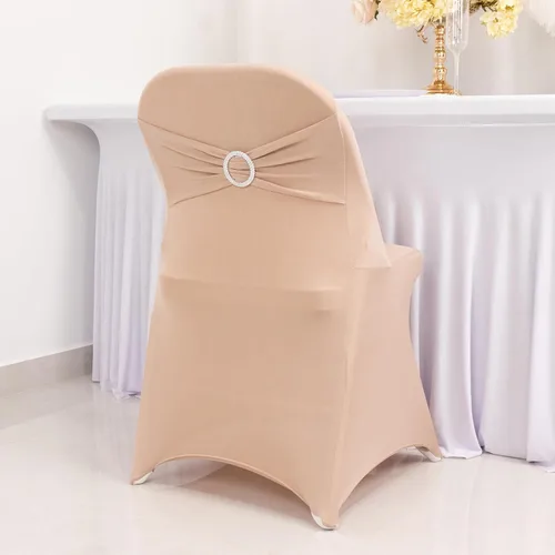 Vista 63 de Efavormart - Funda para silla de banquete de elastano beige con banda de hebilla de diamantes de imitación plateados, funda elástica para silla