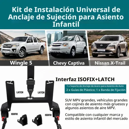 Vista 2 de Kit de anclaje universal para asiento de niño, soporte de montaje de asiento de automóvil, soporte de interfaz de pestillo universal extendido