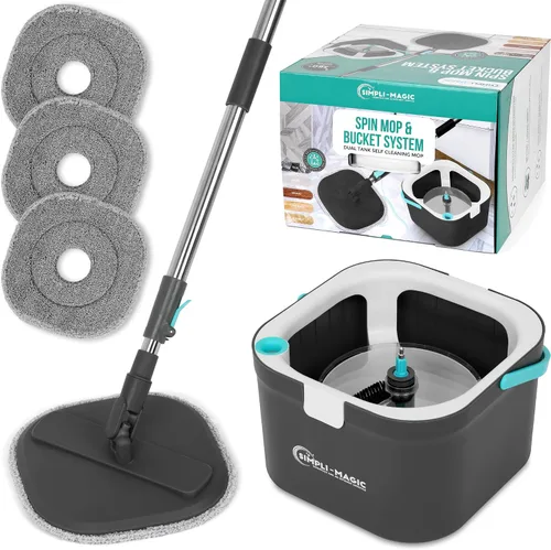 Vista 7 de SIMPLI-MAGIC Trapeador giratorio de 360° y cubo con escurridor - 3 cabezales lavables de microfibra de alta absorción, dispensador de jabón - Juego