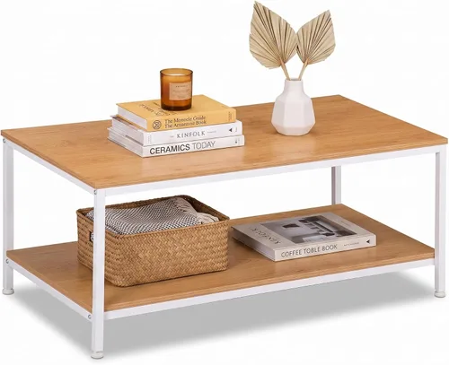 Vista 11 de SUPER DEAL - Mesa de café industrial de 2 niveles con estante de almacenamiento para apartamento pequeño, sala de estar, mesa auxiliar rectangular