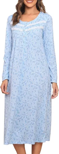 Vista 21 de Camisones largos de algodón para mujer, 100% algodón, vestido de noche de manga larga para mujer, ropa de dormir vintage A rosa