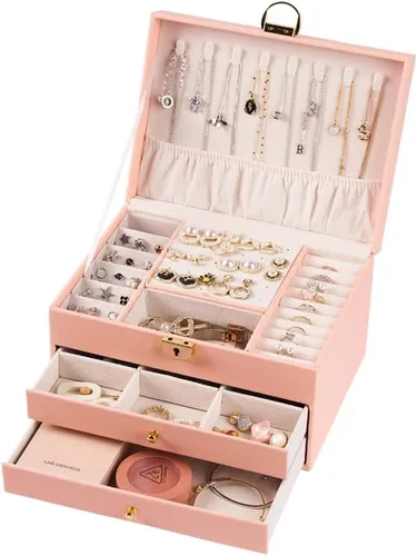 Vista 9 de coobest Joyero de 3 capas, organizador de joyas con cajón organizador de joyas, cajas de joyería grandes y organizador con organizador de aretes