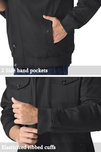 Vista 5 de MAGNIVIT Chaqueta cortavientos militar ligera para hombre con cuello parado, cierre frontal, 7 bolsillos - Algodón Negro