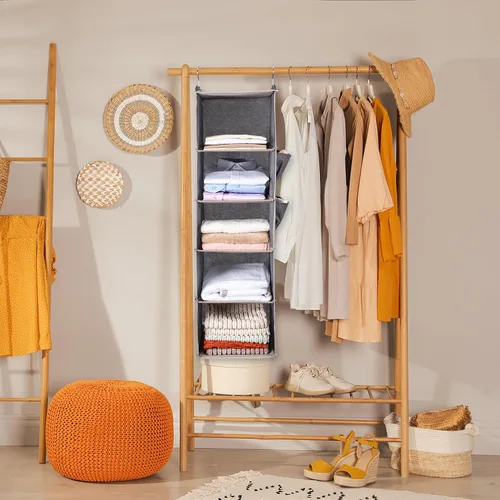 Vista 2 de BOOMIBOO Organizador de armario colgante y estantes, 5 estantes colgantes con 2 bolsillos laterales, almacenamiento plegable (beige)