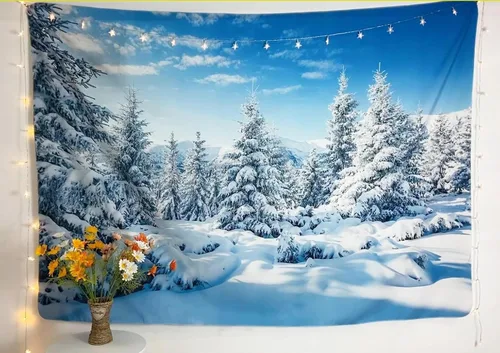 Vista 4 de Loccor - Tapiz de invierno, tapiz de montaña de invierno, escena de pinos blancos, colgante de pared, paisaje natural, tapices, arte de pared