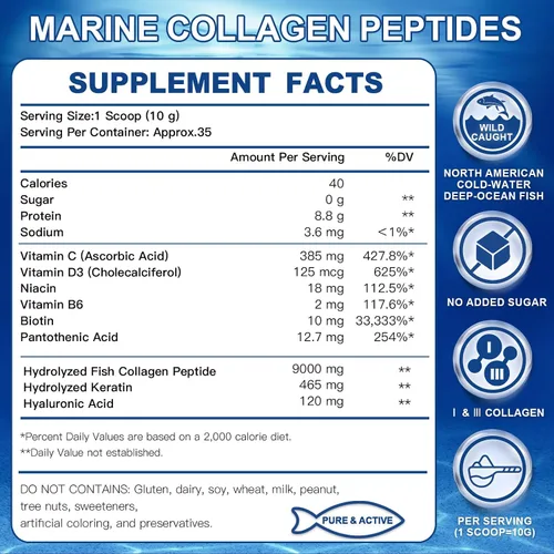 Vista 2 de ZEBORA Polvo de Péptidos de Colágeno Marino con Ácido Hialurónico, Queratina - Colágeno de Pescado Hidrolizado Silvestre con Multivitaminas - Apoyo