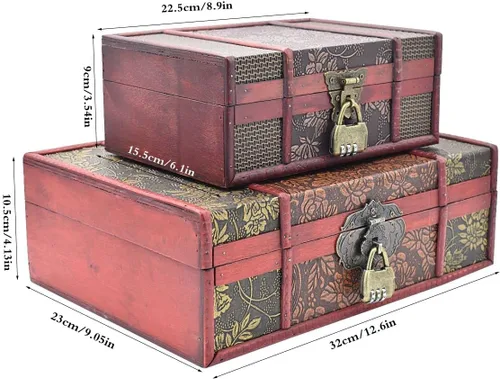 Vista 2 de JFFCESTORE Caja decorativa del tesoro de madera caja de almacenamiento grande de escritorio organizador de almacenamiento de joyas con cerradura