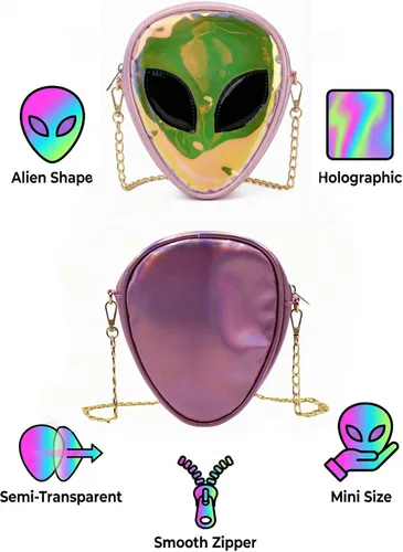 Vista 2 de Bolso cruzado holográfico con patrón alienígena con purpurina y correa de cadena para niños, adolescentes, niñas y mujeres