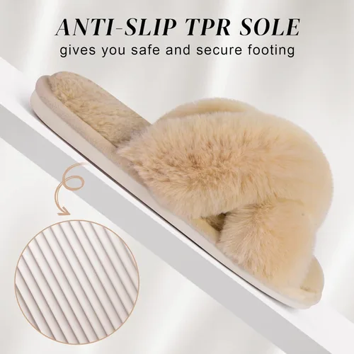 Vista 4 de Parlovable Pantuflas peludas para mujer, cómodas con banda cruzada, zapatos de casa de espuma viscoelástica con punta abierta, regalos