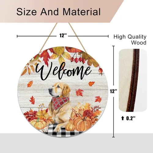 Vista 6 de YINENA Letrero de puerta de perro con texto en inglés "Welcome Fall Dog" Golden Retriever - Percha de puerta de madera para exteriores, porche
