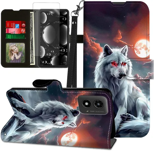 Vista 274 de Funda para Motorola Edge 2022 con protector de pantalla, soporte y tarjetero y correa para la muñeca, funda magnética para Moto Edge 2022 5G UW Lobo