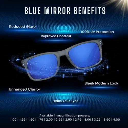 Vista 3 de proSPORT Lentes de sol de lectura para lectores con montura de cuerno con lentes de espejo azul para hombres y mujeres, no bifocales