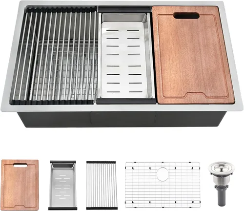 Vista 13 de Fregadero de barra dorada con estación de trabajo de montaje inferior, fregadero de cocina dorado de 14 x 19 pulgadas, fregadero de barra sumergible